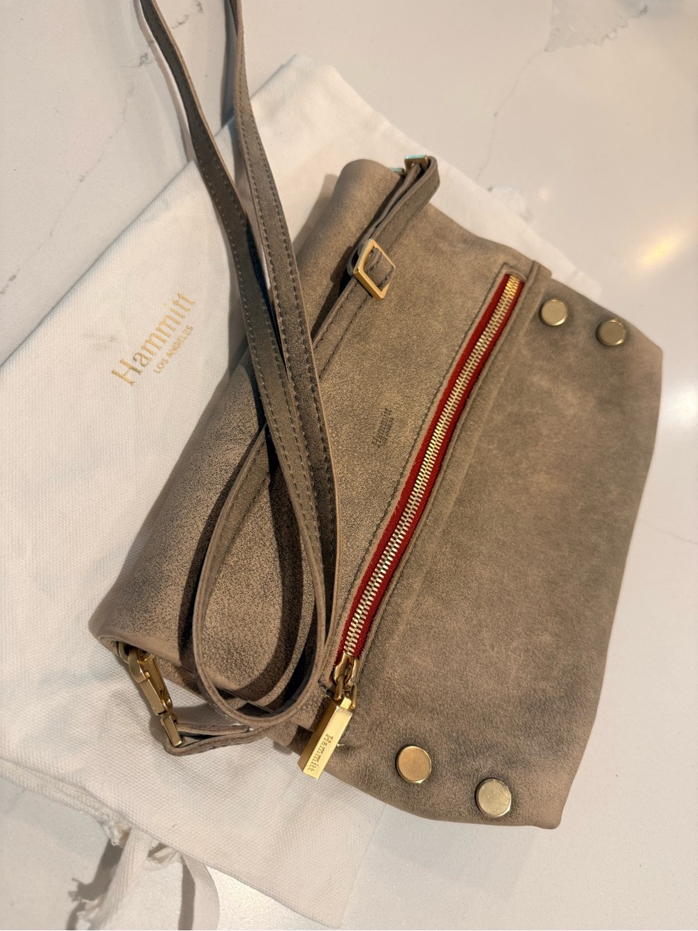 Hammitt Taupe Suede Crossbody with Red Zip and Gold Hardware